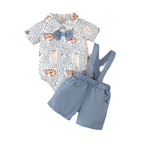 2024 Easter Infant Boys Gentleman Suit Cartoon Rabbit Print Short Sleeve Lapel Harness Overalls Suit