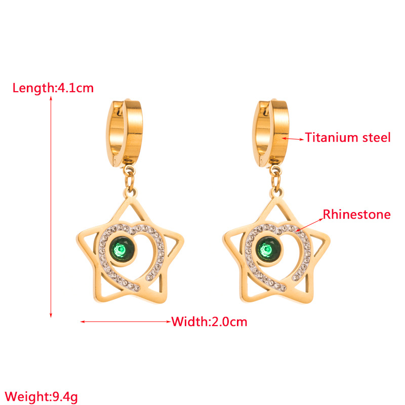 Fashion Pentagram Heart Shape Titanium Steel Plating Rhinestones Drop Earrings 1 Pair
