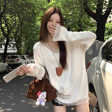 v领蕾丝打底衫女秋冬高级感纯棉长袖t恤宽松中长款白色内搭上衣潮