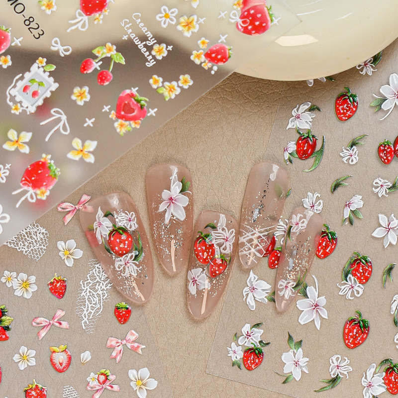 Sweetheart Strawberry Nail Art Stickers Embossed 3D Fresh Flower French Lace Edge DIY Nail Decoration Sweetheart Strawberry Nail Art Stickers Embossed 3D Fresh Flower French Lace Edge DIY Nail Decoration