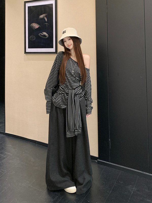 条纹斜肩绑带设计感长袖T恤阔腿休闲长裤女2025秋季新款时尚套装|undefined