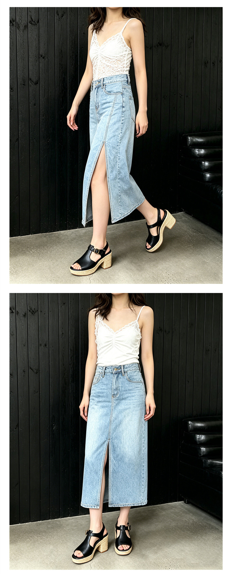 Sandal cao gót nữ hở mũi đế dày 8.5 cm quai chữ T phối đế cói vintage — đen chi tiết 18