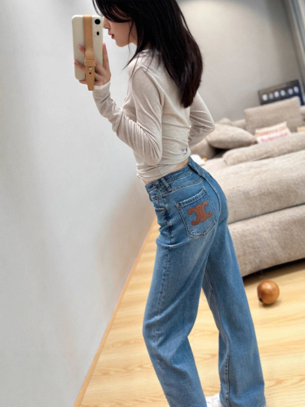 网红凯旋门皮标蓝色牛仔裤女春秋休闲百搭显瘦直筒牛仔裤阔腿裤子|undefined
