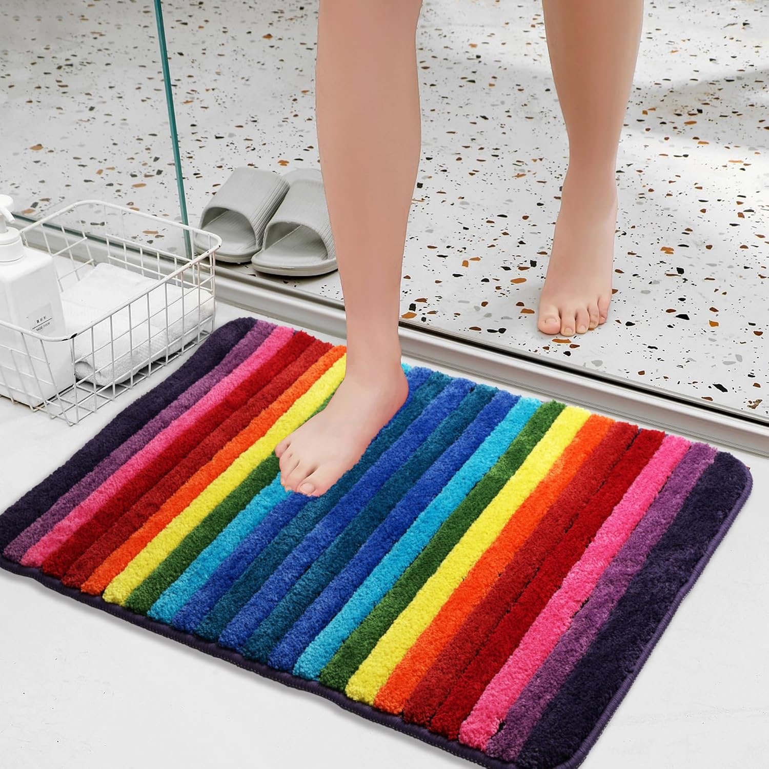 Cross-Border Striped Rainbow Simple Animal Imitation Cashmere Flocking Carpet Bedroom Living Room Floor Mat Bathroom Absorbent Foot Mat