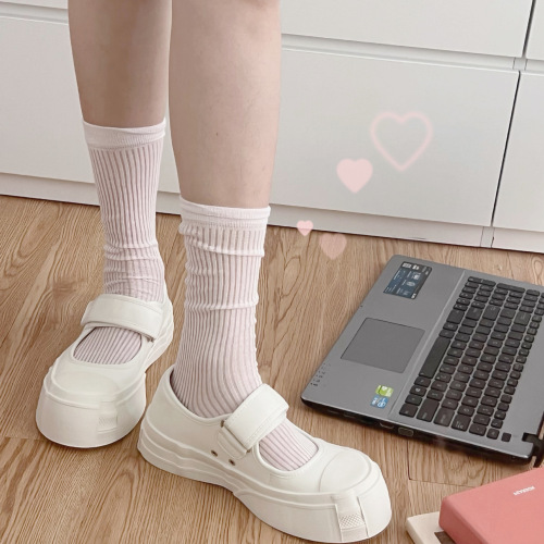 Miu-style grey vertical stripes slimming JK two-way wear calf socks for women summer pilling socks thin hollow mesh breathable