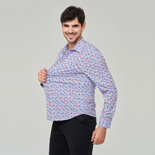 大码男士印花弹力衬衫春季新款碎花外贸衬衫男士长袖翻领衬衣