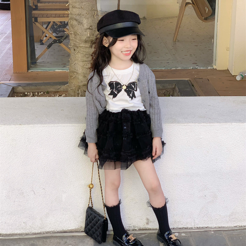 (2개) 가을 2024 새로운 소녀 서양식 니트 카디건 활 긴팔 티셔츠 플레어 바지 3 피스 세트