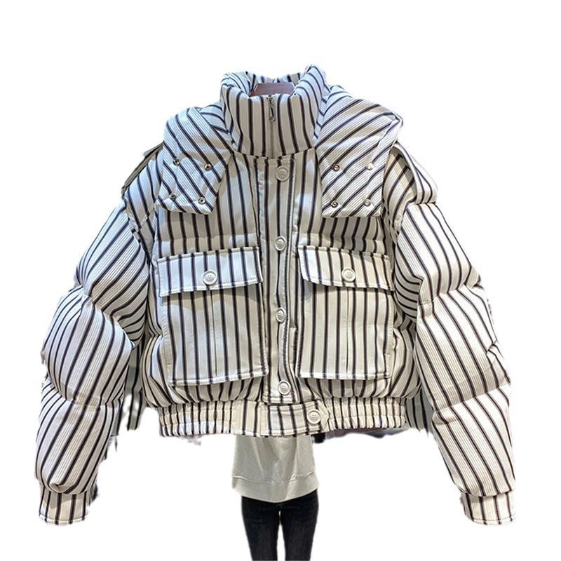 Kids' Clothing Korean version loose warm fashion striped zipper hooded puffer jacket_voghion.com