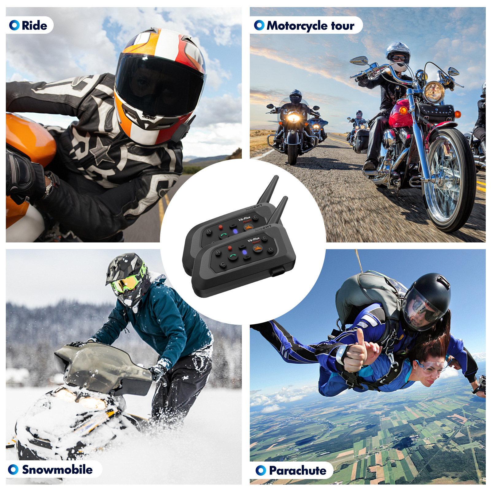 Xinowyv6Plus Motorcycle Helmet Bluetooth Headset for 2 People with Simultaneous Intercom Full-Duplex Helmet Intercom Headset