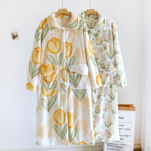 Coral fleece nightgown women's autumn and winter long colorful flower dress fleece-lined thickened flannel bathrobe pajamas coat