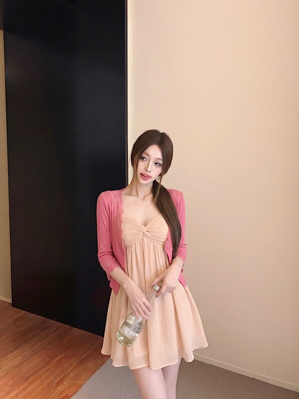 French-Style Gentle Wind Outfit for Women, Summer Rose Red Lace Cardigan, Slim Fit V-Neck Twisted Chiffon Dress Two-Piece Set