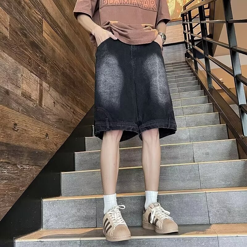 Trendy Brand Reverse Wear Overalls Denim Shorts Men's Summer American Style Straight Design Loose Wide Leg Pants