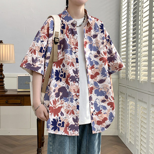 Flower shirt men's Hawaiian short sleeve summer ruffian handsome casual clothes coat lapel plus size shirt men's one generation