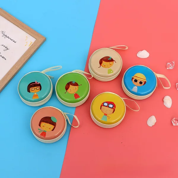 Cartoon Mini Tinplate Coin Purse Round Zipper Headphone Storage Bag Coin Key Bag Storage Box Wholesale