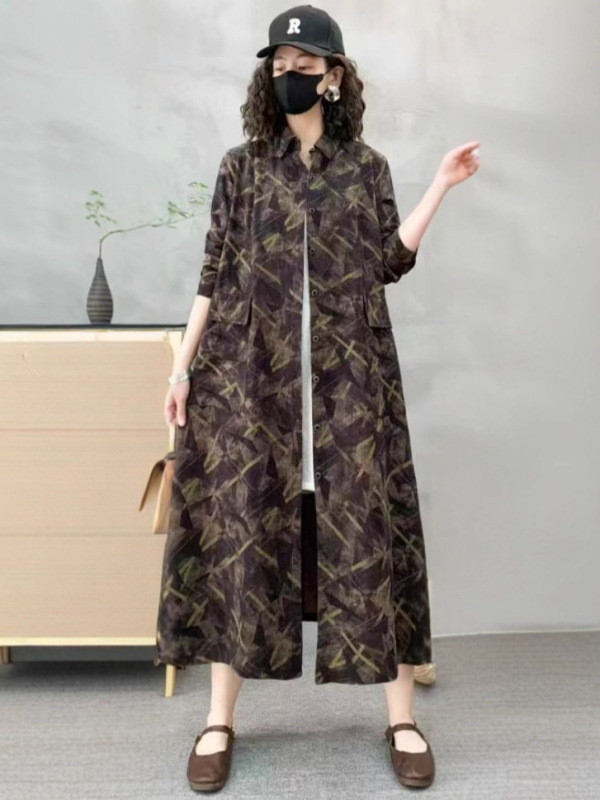 春秋季新款女装长款风衣宽松大码气质印花复古民族风风衣外套批发|undefined