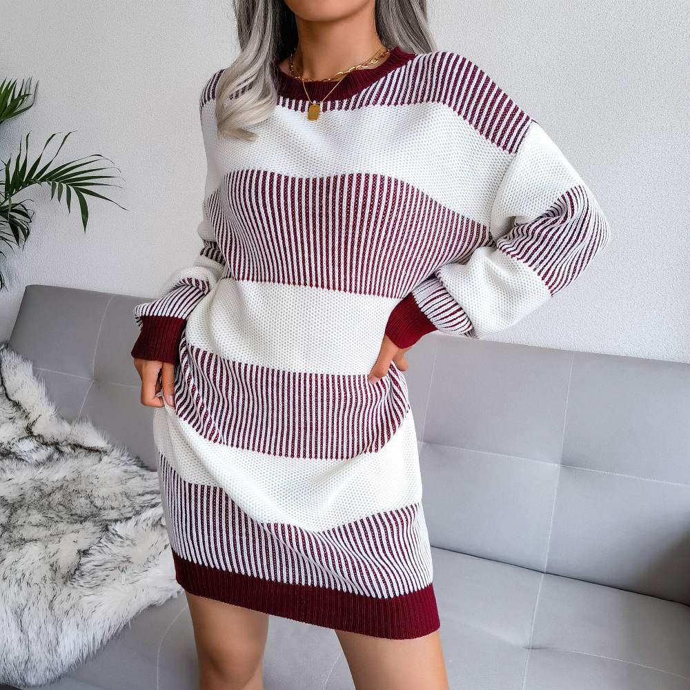 Stripes Casual Loose Sweater Dress Without Belt NSBJ98880