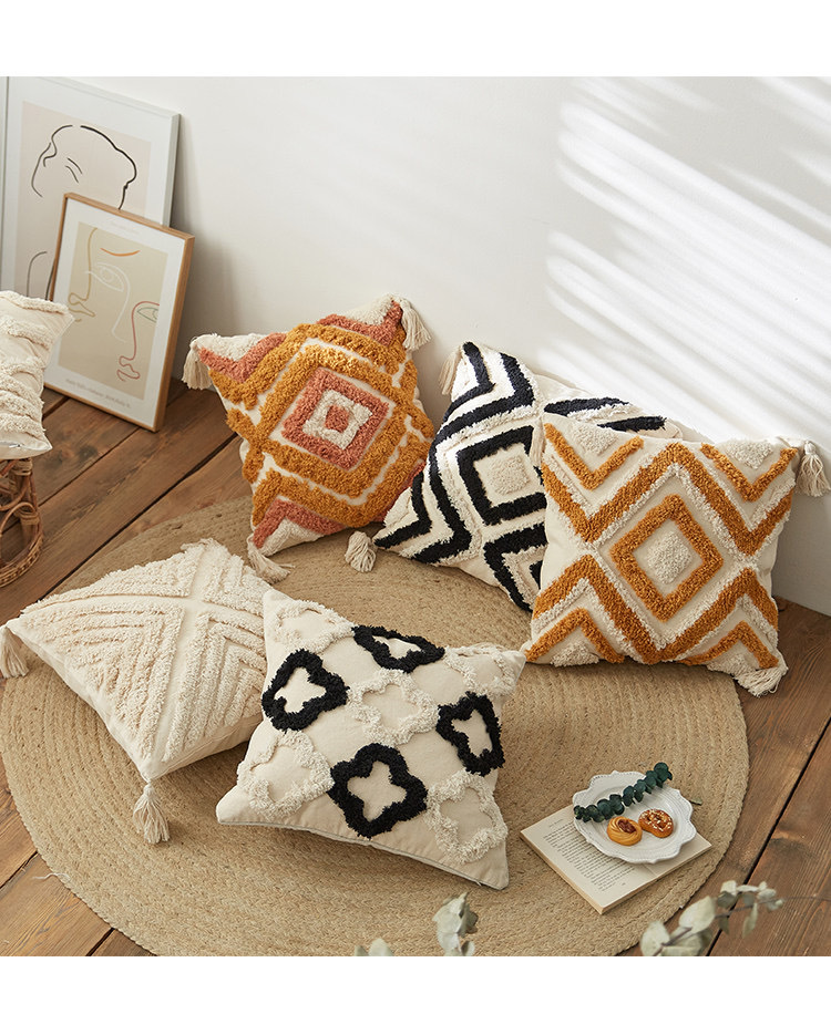 跨境专供摩洛哥民族风簇绒几何刺绣流苏波西米亚抱枕套靠垫亚马逊
