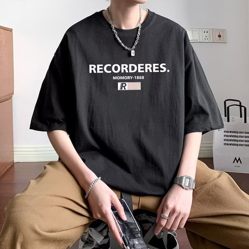 Men's Fashion Brand Summer Loose Five-Button Sleeve Trendy Ins Simple Print T-Shirt