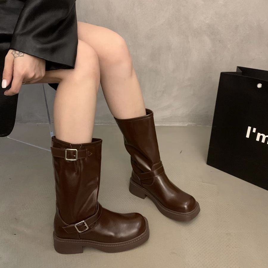 Western Cowboy Women's 2023 Autumn/Winter New Mid Thick Sole Martin Sleeve Knight Boots _voghion.com