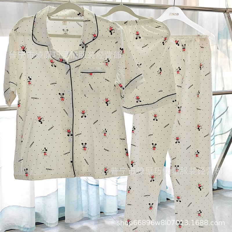 Red famosa nuevo pijama de mujer nubes de verano algodón pantalones cortos de manga corta pantalones largos de tres piezas de dibujos animados set de ropa para el hogar
