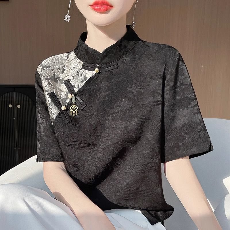 国风立领盘扣短袖上衣复古轻奢大码新中式衬衫恤感女印花|undefined