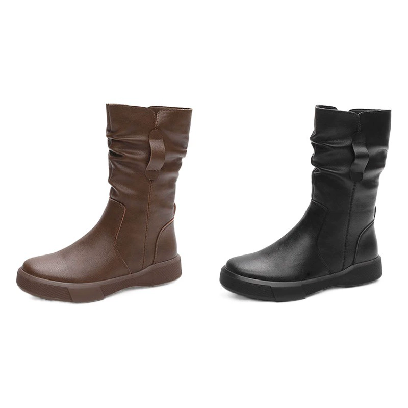 Европейские и американские простые дикие кожаные ботинки Martin женские осенние и зимние коричневые средние ботинки дышащие теплые толстые ботинки на каблуках
