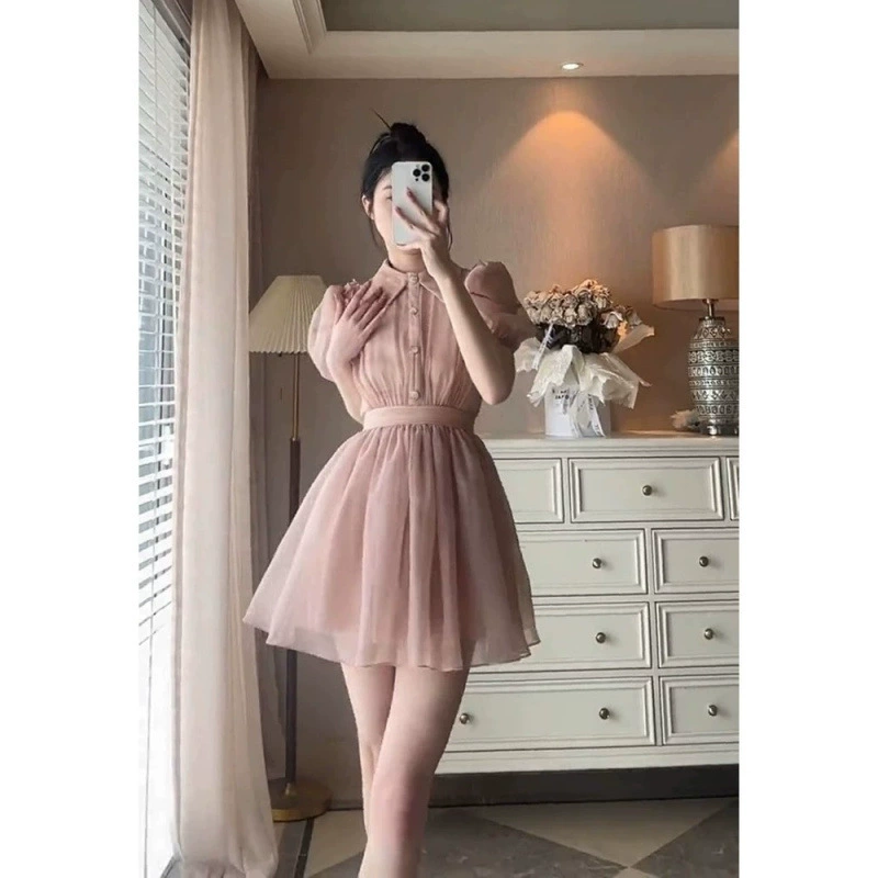Розовое очаровательное французское платье-фейк из двух частей, подчеркивающее талию, модный дизайн, милое пышное платье с пышными рукавами