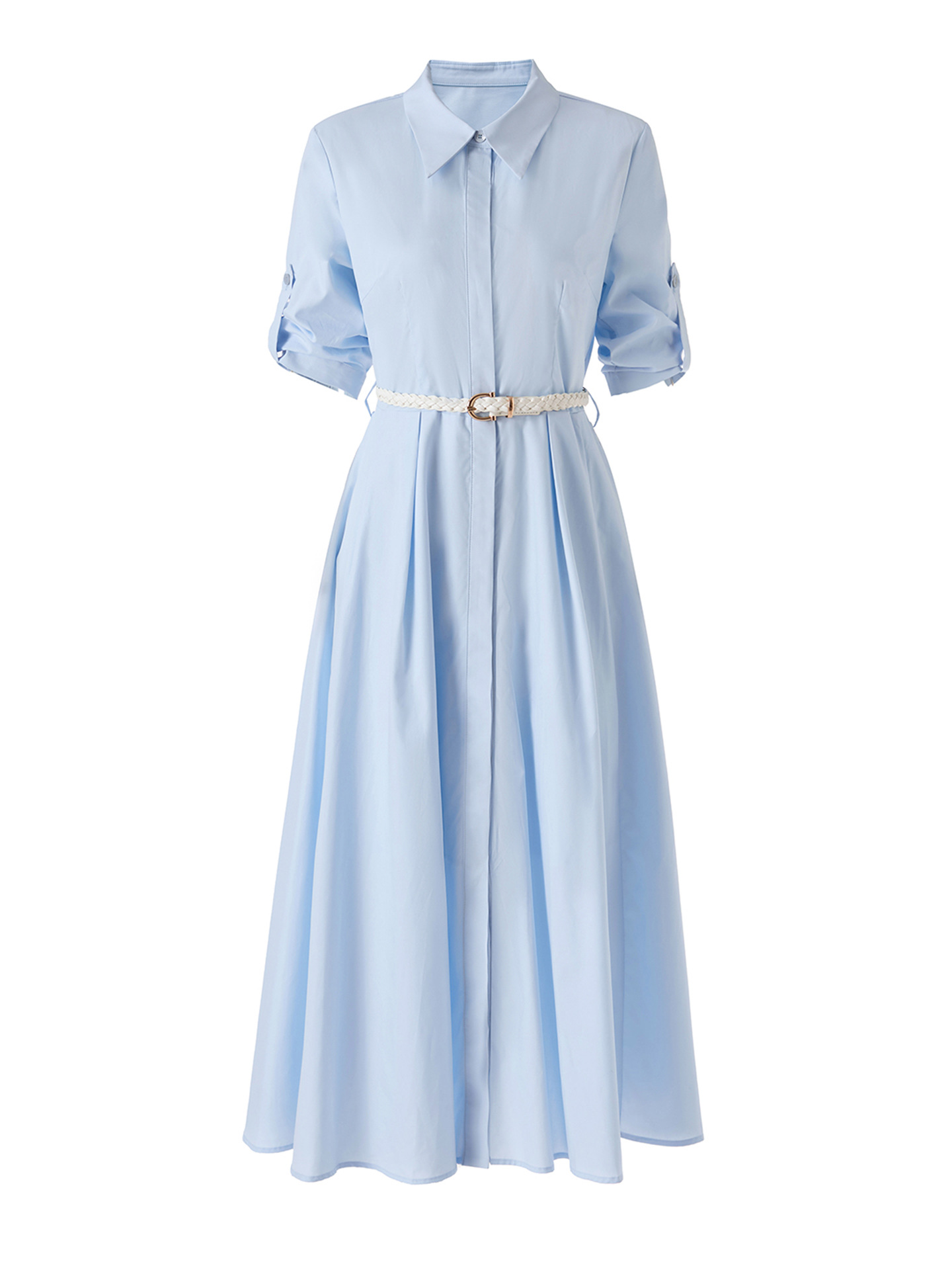 Đầm sơ mi nữ tay dài cổ ve, chất liệu tơ tằm pha cotton, dáng suông thoải mái — xanh lam