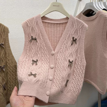韩版v领蝴蝶结设计感针织开衫马甲女短款外搭叠穿显瘦毛衣背心潮