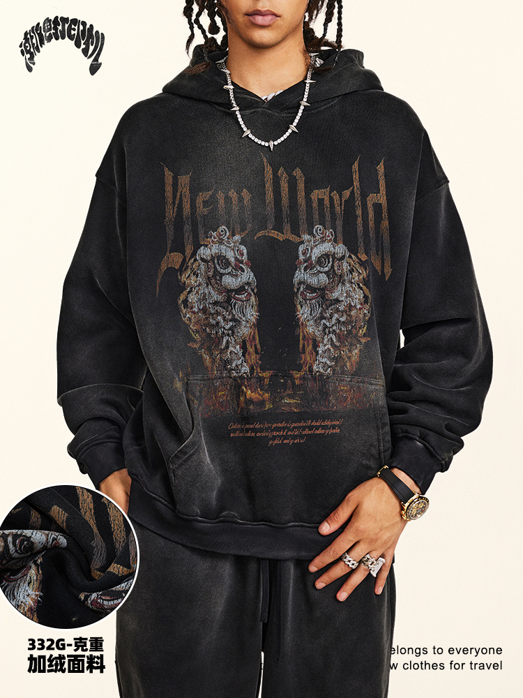 Impresora de marcas| 2025 otoño estilo nacional danza león básica chaqueta con capuzas oversize suelta chaqueta para hombre