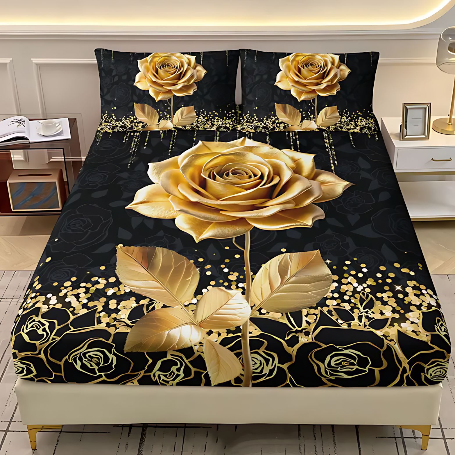 TEMU / JIT serie de rosa dorada negra impresión digital HD cama camisa colchón conjunto de dibujo se puede ajustar