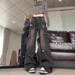 宽松阔腿工装牛仔裤女2025新款高腰显瘦直筒牛仔阔腿裤女裤子女款