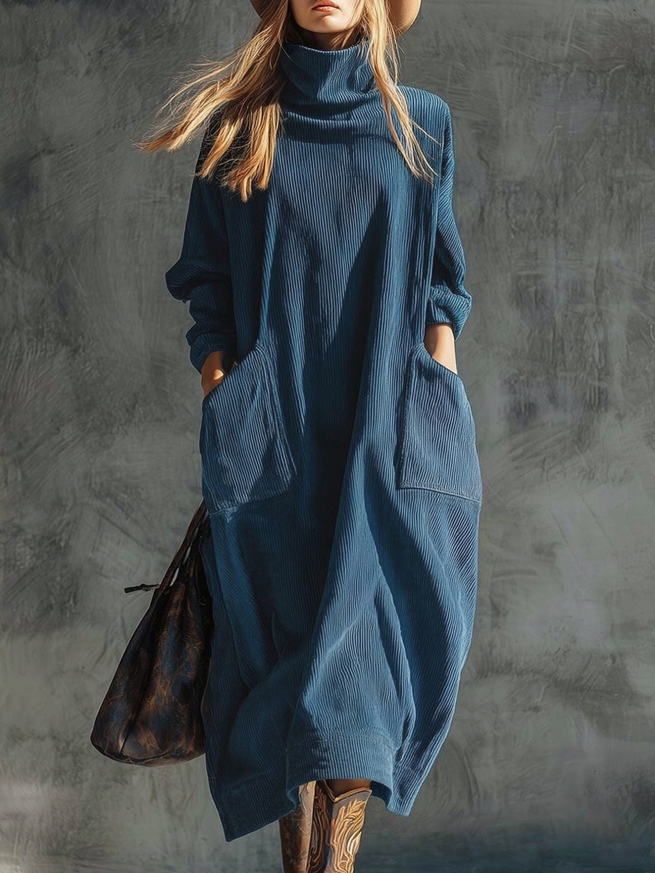 New autumn and winter high-neck ribbed dress for women, loose plus-size corduroy slimming long dress with double pockets