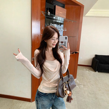 实拍 网纱烫钻亮片荡领修身显瘦长袖T恤女秋季新款短款上衣91582