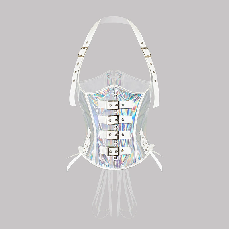 Корсет в готическом стиле с пряжкой из стразов, завязками на шее и цветным поясом-корсетом.