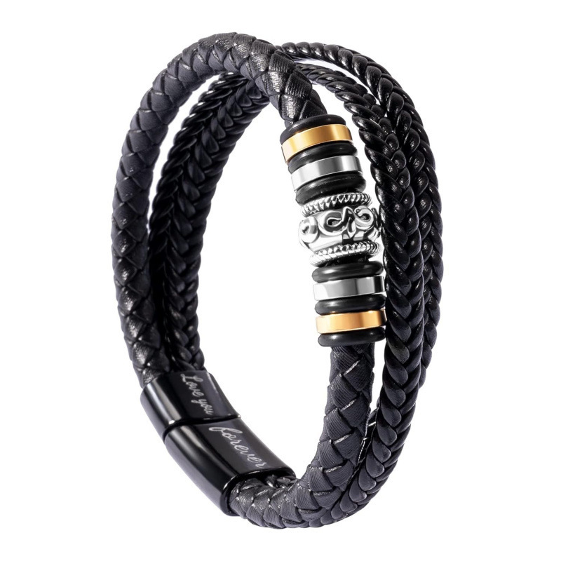 Men's leather bracelet, hand-woven with twisted knots, stainless steel drum beads, magnetic clasp, black three-layer leather bracelet Men's leather bracelet, hand-woven with twisted knots, stainless steel drum beads, magnetic clasp, black three-layer leather bracelet