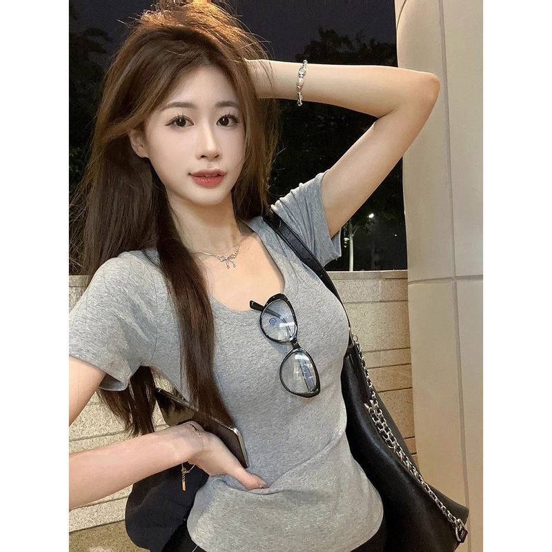 百搭灰色正肩短袖T恤女装夏季新款弹力纯棉纯色简约辣妹小衫上衣|undefined