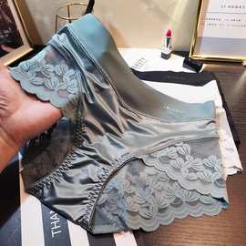 轻奢纯欲性感蕾丝中腰内裤女士包臀拼接透气网纱纯棉裆缎面三角裤