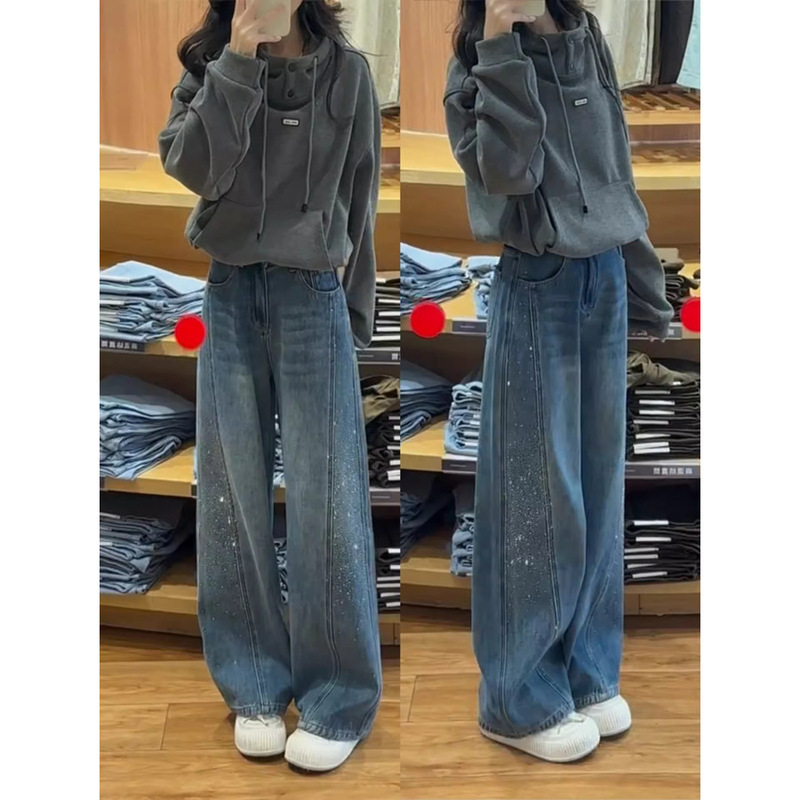 Fashionable retro rhinestone wide-leg jeans for women, autumn new design, large size, loose, casual, versatile straight pants