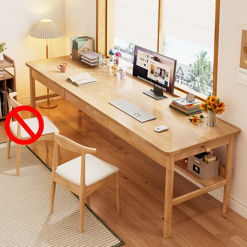 우드 컬러 긴 책상 3 개의 서랍 + 1 개의 의자 [모든 단단한 나무]]