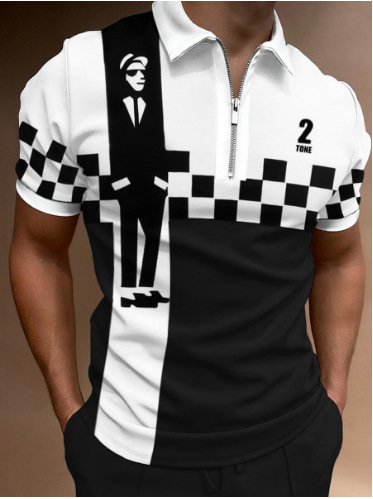 Camiseta Polo con Cierre de Solapa y Estampado Geométrico para Hombre, Estilo Europeo y Americano, Camiseta de Manga Corta de Verano para Hombre, Estilo Moderno Europeo y Americano 2025