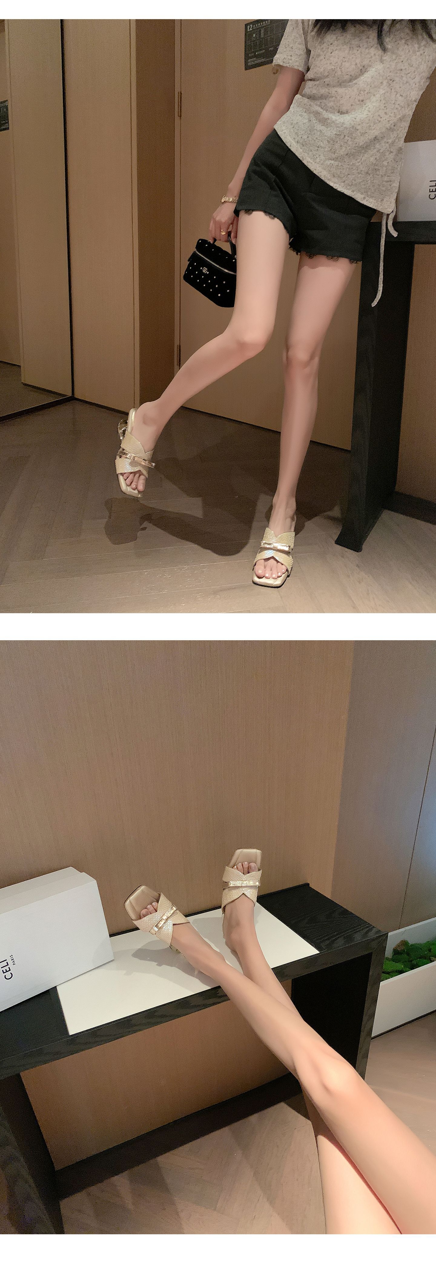 Sandal cao gót nữ mũi vuông hở ngón, quai ngang nơ bướm, đế xuồng êm chân — màu vàng, bạc chi tiết 11