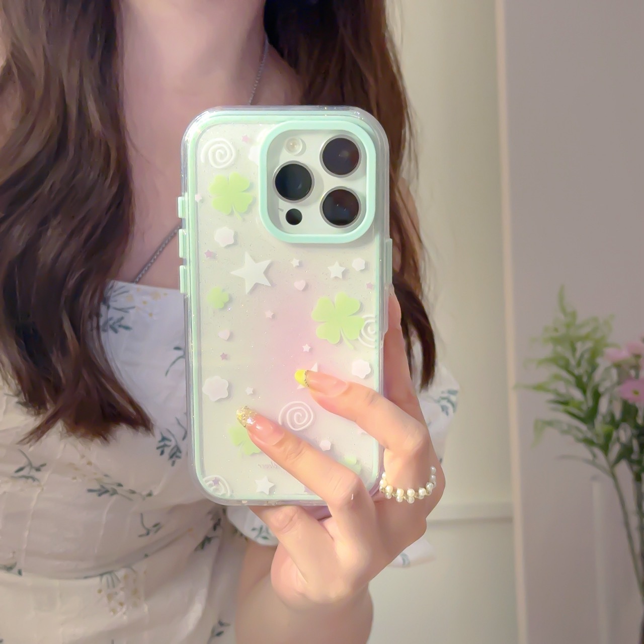 Dibujos animados coreanos dos en uno trébol de cuatro hojas para Apple 16ProMax funda para teléfono móvil 15Pro nuevo 14/13 femenino 15PM