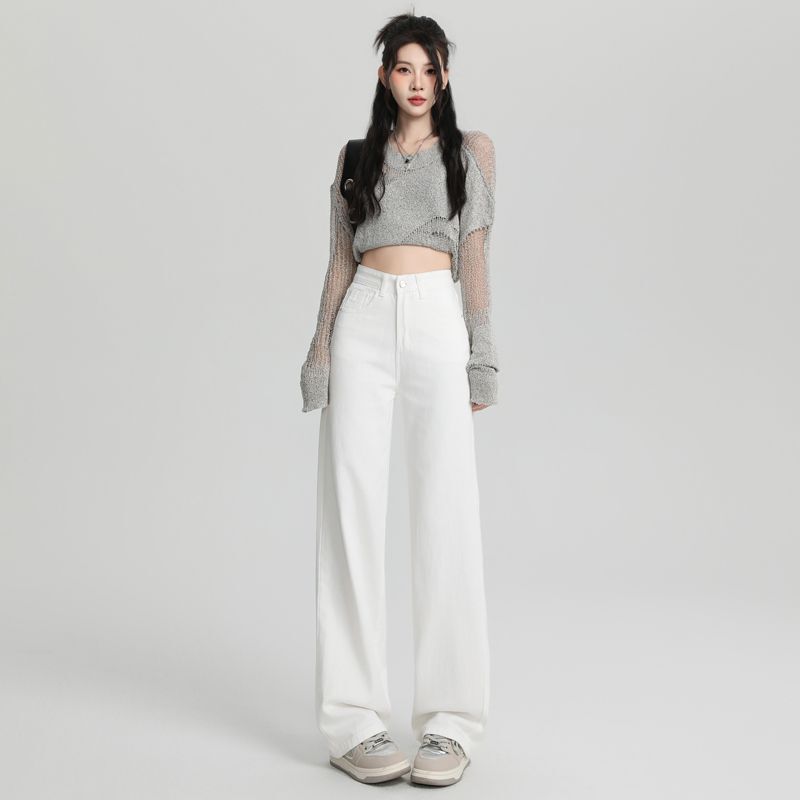 White Jeans for Women, Petite Size, Narrow Straight-Leg Jeans, Loose Wide-Leg Cropped Jeans for Women