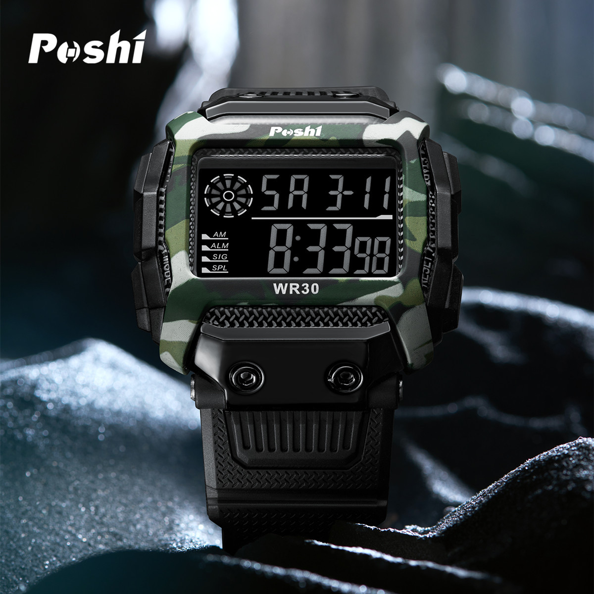 Reloj electrónico deportivo de reloj POSHI Camuflaje para estudiantes Reloj digital luminoso de alarma multifuncional al aire libre