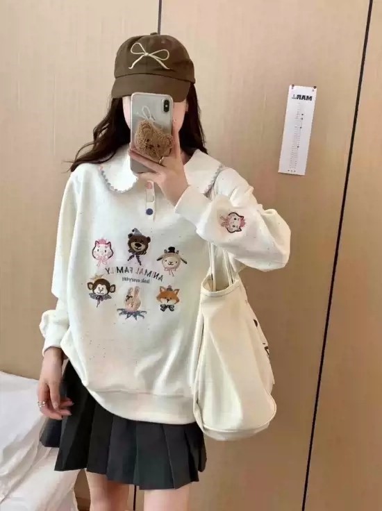 娃娃领卫衣女 秋冬季爆款通勤设计感宽松减龄翻领刺绣彩点棉卫衣|undefined