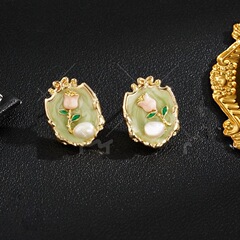 ファッション中古グリーン油絵風真珠バラ花釉薬フランス宮廷ピアス軽贅沢ファッション清新耳飾り