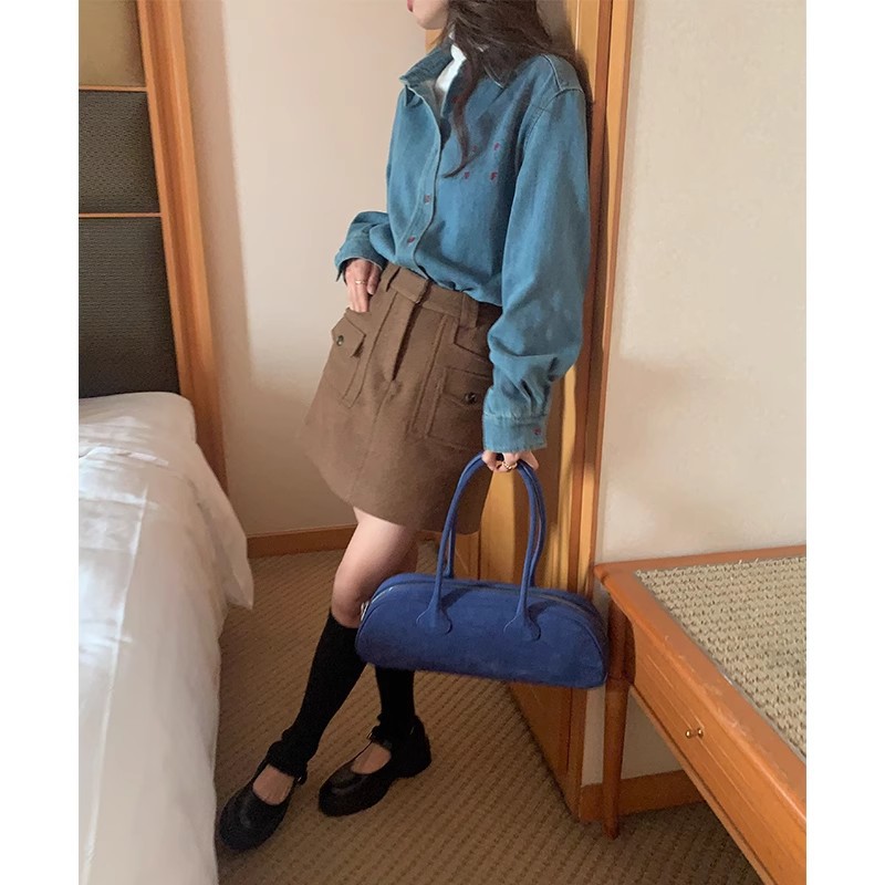 芥末自制街拍而生绣花牛仔衬衫女秋冬季新款长袖宽松衬衣外套