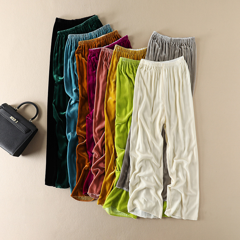 All-match elastic waist loose straight trousers air pants drape colorful silk velvet wide leg pants women's summer thin