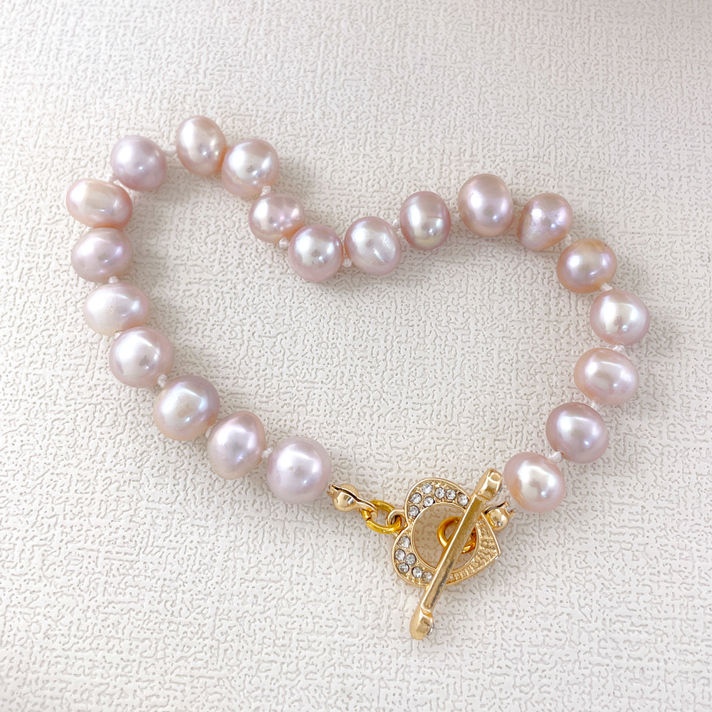 Fashionable and Luxury Natural Freshwater Pearl Bracelet Love OT Button Micro Inlaid Elegant Handmade Beaded Handicraft